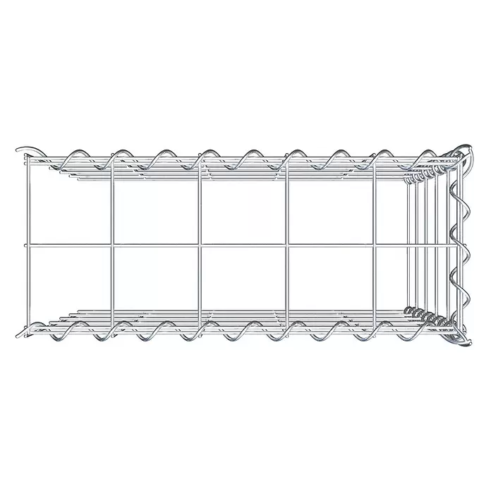 Gabiona Gabione Typ 4 - Zum Anbau in Länge & Höhe, 50 x 20 x 50 cm, Stahl, Maschenbreite: 100 mm, Maschenhöhe: 100 mm, Spirale - Gabione aus silbernem Metallgitter oder Drahtkorb, schräg von oben gesehen.