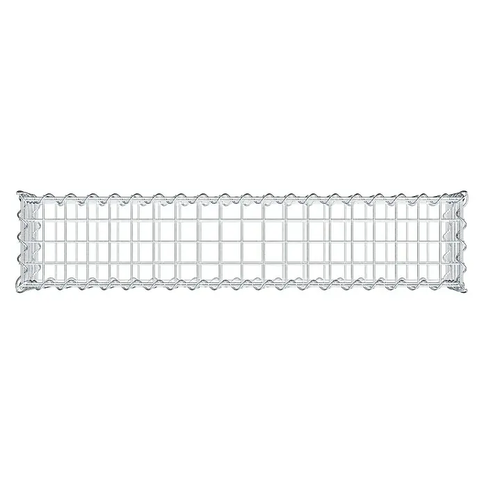 Gabiona Gabione100 x 20 x 20 cm, Metall, Maschenbreite: 50 mm, Maschenhöhe: 50 mm - Ansicht eines Gabionenkorbs aus Drahtgeflecht. Der Drahtkorb ist leer und bereit, mit Steinen oder anderen Materialien befüllt zu werden.