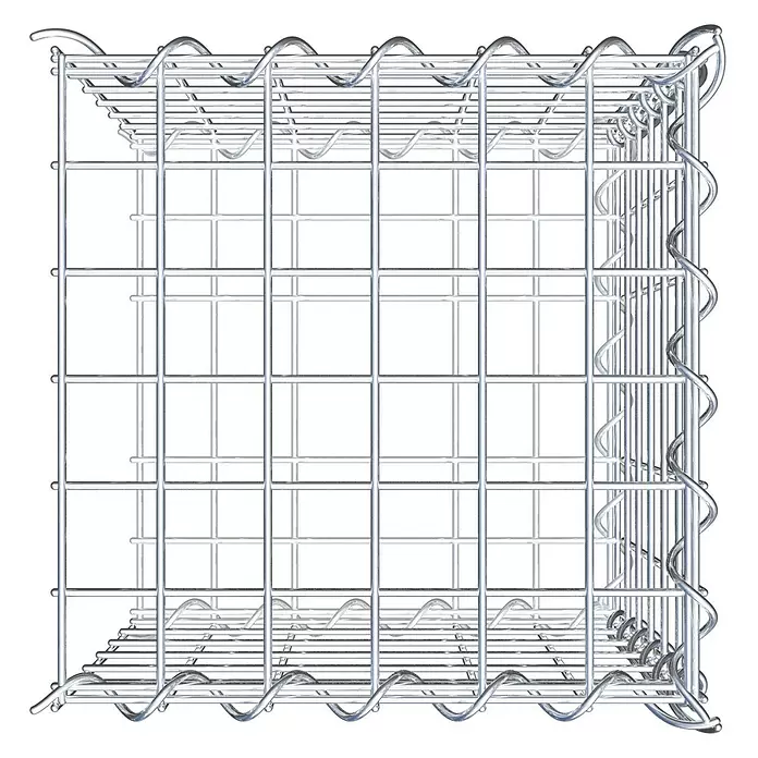 Gabiona Gabione Typ 2 - Zum Anbau in der Länge, 30 x 30 x 30 cm, Stahl, Maschenbreite: 50 mm, Maschenhöhe: 50 mm, Spirale - Leerer, rechteckiger Gabionenkorb aus silbernem Metalldrahtgeflecht.