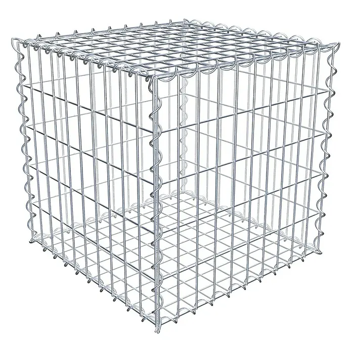 Gabiona Gabione - 50 x 50 x 50 cm, Metall, Maschenbreite: 50 mm, Maschenhöhe: 100 mm - Nahaufnahme eines leeren, silbernen Gabionenkäfigs mit quadratischen Maschen und gewellten Kanten, der Stabilität und industrielle Ästhetik bietet.
