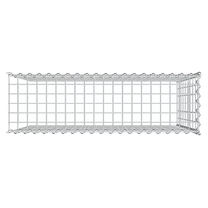 Gabiona Gabione Typ 4 - Zum Anbau in Länge & Höhe, 100 x 30 x 90 cm, Stahl, Maschenbreite: 50 mm, Maschenhöhe: 100 mm, Spirale - Leerer Gabionenkorb aus silbernem Drahtgeflecht, schräg von oben mit Sicht auf Ober- und Seitenwände.