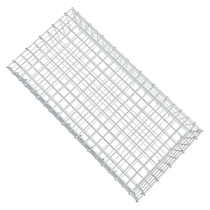 Gabiona Gabione - 100 x 50 x 20 cm, Stahl, Maschenbreite: 50 mm, Maschenhöhe: 50 mm, C-Ring - Ansicht eines Gabionenkorbs mit quadratischem Drahtgeflecht aus verzinktem Stahl, ideal für Gartenmauern oder Erosionsschutz.