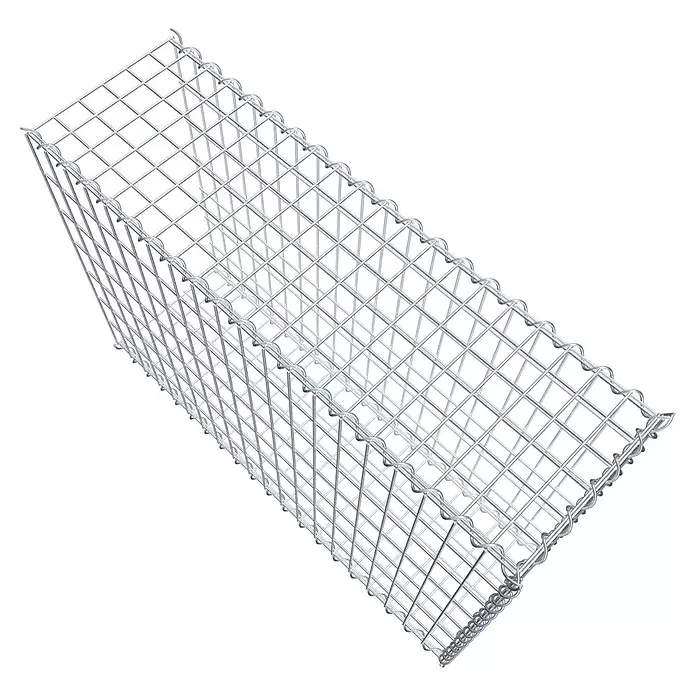 Gabiona Gabione Typ 2 - Zum Anbau in der Länge, 100 x 30 x 70 cm, Stahl, Maschenbreite: 50 mm, Maschenhöhe: 100 mm, Spirale - Gabionenkorb aus silbernem Metallgeflecht, eine leere rechteckige Gitterstruktur.