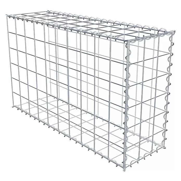Gabiona Gabione Typ 2 - Zum Anbau in der Länge, 100 x 30 x 60 cm, Stahl, Maschenbreite: 100 mm, Maschenhöhe: 100 mm, Spirale - Leerer rechteckiger Gabionenkorb aus silbernem Metallgeflecht.