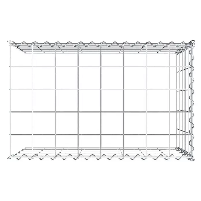 Gabiona Gabione Typ 4 - Zum Anbau in Länge & Höhe, 80 x 50 x 50 cm, Stahl, Maschenbreite: 100 mm, Maschenhöhe: 100 mm, Spirale - Leerer Gabionenkorb aus silbergrauem Drahtgitter, von oben gesehen.