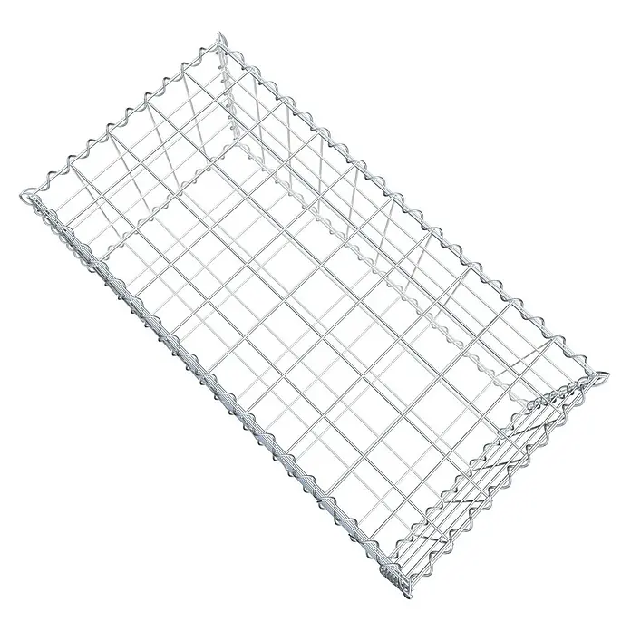 Gabiona Gabione - 100 x 50 x 40 cm, Metall, Maschenbreite: 100 mm, Maschenhöhe: 100 mm - Ansicht eines Gabionenkorbs aus Drahtgeflecht, der leer ist und bereit für die Befüllung mit Steinen ist, um eine Stützmauer zu bilden.