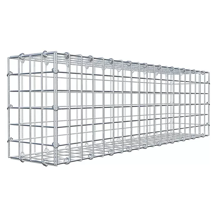 Gabiona Gabione - 100 x 20 x 30 cm, Stahl, Maschenbreite: 50 mm, Maschenhöhe: 50 mm, C-Ring - Rechteckiger, leerer Gabionenkorb aus silbernem Metallgeflecht.