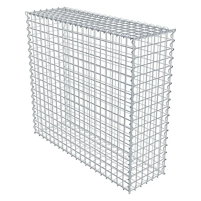 Gabiona Gabione - 100 x 30 x 90 cm, Metall, Maschenbreite: 50 mm, Maschenhöhe: 50 mm - Draufsicht auf einen Gabionenkorb aus Drahtgeflecht. Der Steinkorb ist leer und besteht aus silberfarbenem Draht.
