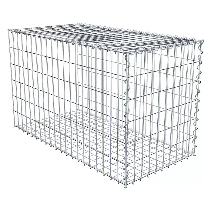 Gabiona Gabione Typ 2 - Zum Anbau in der Länge, 100 x 50 x 60 cm, Stahl, Maschenbreite: 50 mm, Maschenhöhe: 100 mm, Spirale - Silberfarbener Gabionenkorb aus Metallgitter, leer und rechteckig.