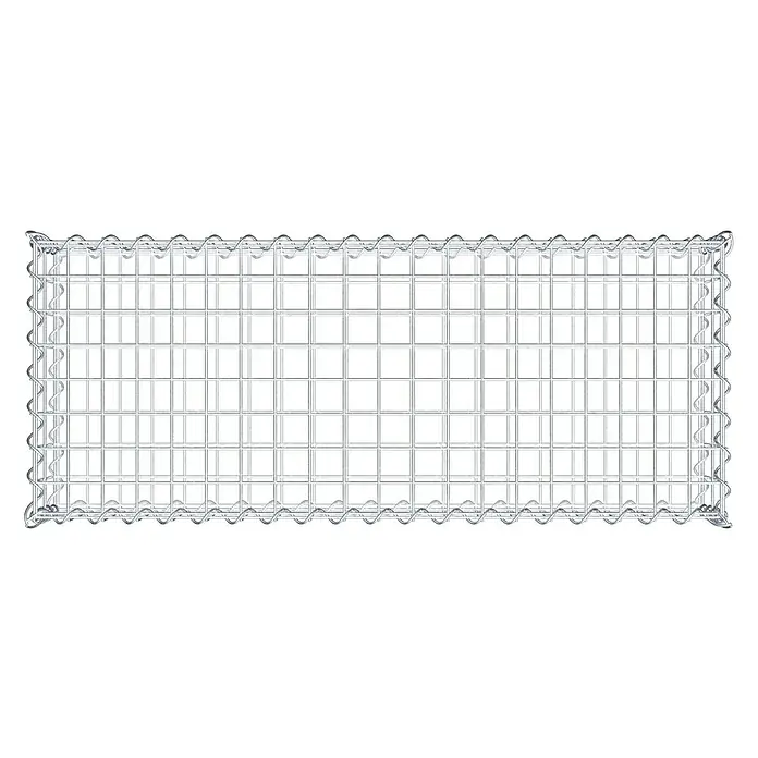 Gabiona Gabione - 100 x 40 x 20 cm, Metall, Maschenbreite: 50 mm, Maschenhöhe: 100 mm - Draufsicht eines rechteckigen Gabionenkorbs aus verzinktem Drahtgeflecht mit spiralförmigen Verbindern an den Kanten für Stabilität.