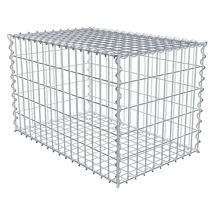 Gabiona Gabione - 80 x 50 x 50 cm, Metall, Maschenbreite: 50 mm, Maschenhöhe: 100 mm - Abbildung eines leeren Gabionenkäfigs aus verzinktem Draht. Der Gabionenkäfig ist rechteckig und bietet eine vielseitige Lösung für Garten- und Landschaftsbau.
