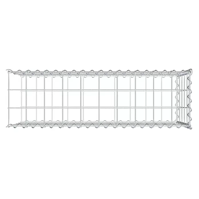 Gabiona Gabione Typ 2 - Zum Anbau in der Länge, 100 x 30 x 50 cm, Stahl, Maschenbreite: 100 mm, Maschenhöhe: 100 mm, Spirale - Leerer rechteckiger Gabionenkorb aus silbernem Drahtgeflecht.