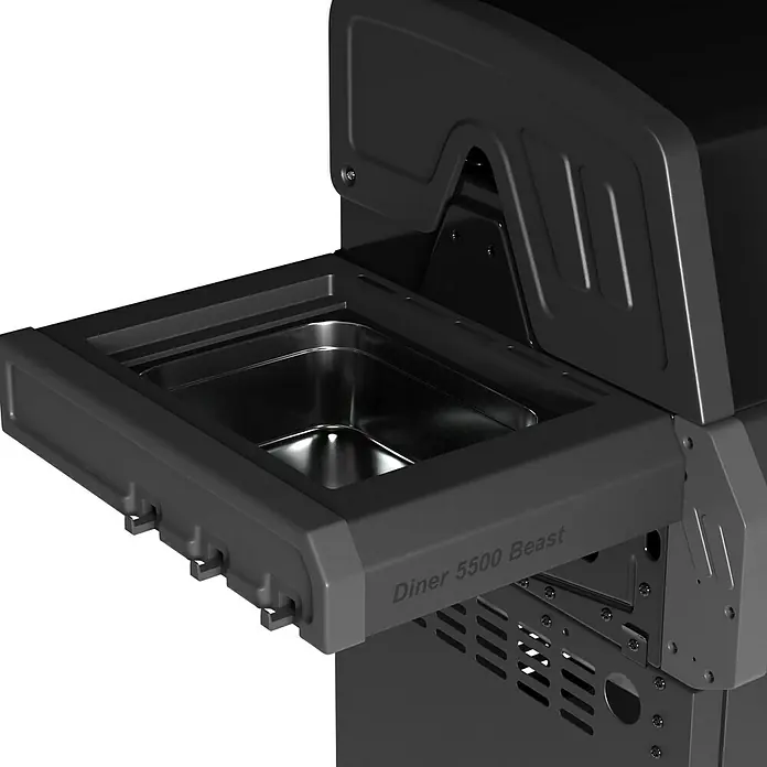 Kingstone Gasgrill Diner 5500 Beast - Grillfläche (B x T): 92 x 43 cm, 17,5 kW, Anzahl Brenner: 5 Stk. - Detailaufnahme des "Diner 5500 Beast" Grills mit herausziehbarem Behälter, ideal für Grillliebhaber.