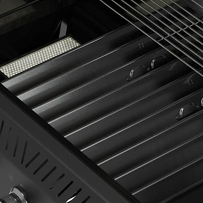 Kingstone Gasgrill Diner 5500 Beast - Grillfläche (B x T): 92 x 43 cm, 17,5 kW, Anzahl Brenner: 5 Stk. - Nahaufnahme eines schwarzen Grills mit Grillrosten und Heizelement, ideal zum Grillen im Freien.