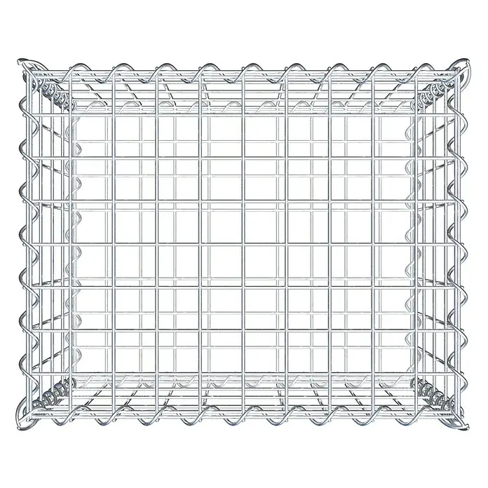 Gabiona Gabione50 x 40 x 40 cm, Metall, Maschenbreite: 50 mm, Maschenhöhe: 100 mm - Nahaufnahme eines leeren, silberfarbenen Gabionenkäfigs aus Metalldraht für den Gartenbau und Landschaftsbau.