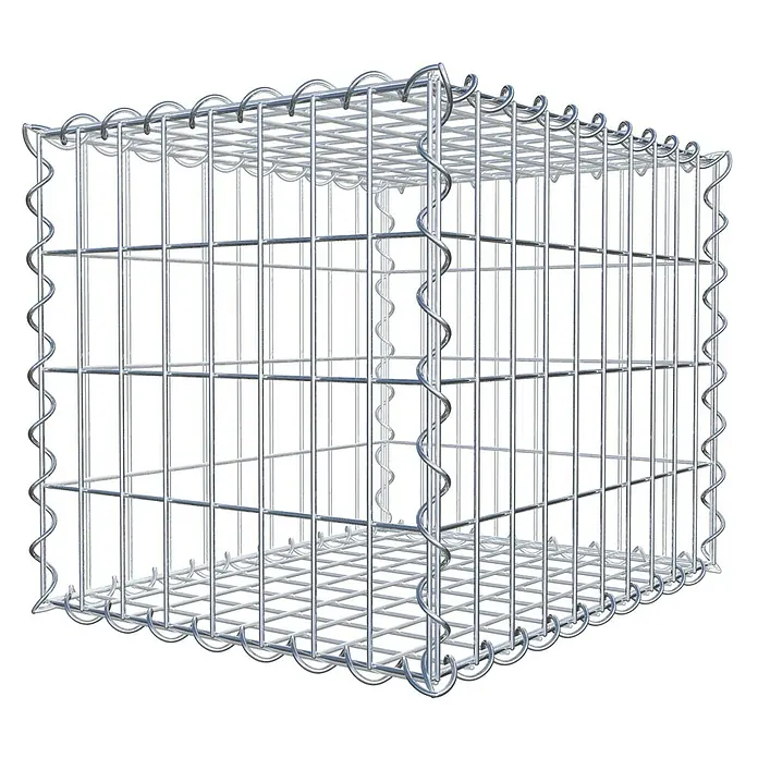 Gabiona Gabione - 50 x 40 x 40 cm, Metall, Maschenbreite: 50 mm, Maschenhöhe: 100 mm - Ein detailreiches Bild eines leeren Gabionenkorbs aus verzinktem Draht, ideal für Garten- und Landschaftsbauprojekte zur Steinstabilisierung.