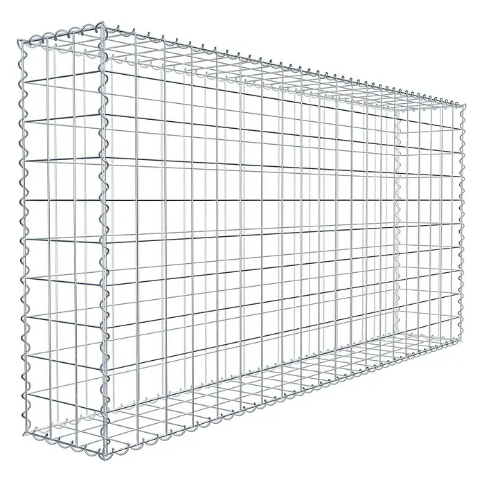 Gabiona Gabione - 200 x 30 x 100 cm, Metall, Maschenbreite: 100 mm, Maschenhöhe: 100 mm - Das Bild zeigt eine Gabione, einen Drahtkorb, der mit Steinen oder anderen Materialien gefüllt wird, um Mauern oder andere Strukturen zu bilden.