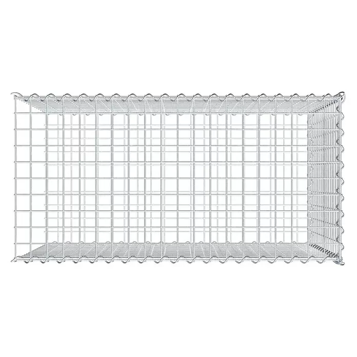 Gabiona Gabione Typ 2 - Zum Anbau in der Länge, 100 x 50 x 70 cm, Stahl, Maschenbreite: 50 mm, Maschenhöhe: 50 mm, Spirale - Leerer rechteckiger Gabionenkorb aus silbernem Drahtgeflecht, von oben leicht schräg gesehen, bereit zur Befüllung.