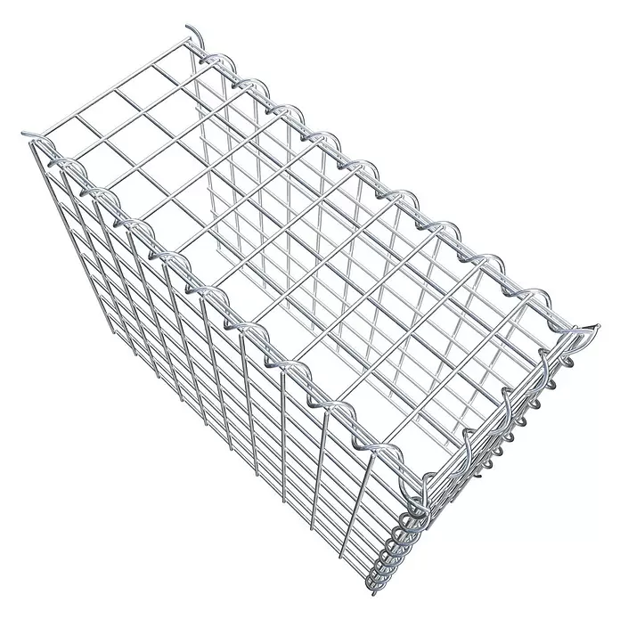 Gabiona Gabione Typ 4 - Zum Anbau in Länge & Höhe, 50 x 20 x 40 cm, Stahl, Maschenbreite: 50 mm, Maschenhöhe: 50 mm, Spirale - Leerer, rechteckiger Gabionenkorb aus silbernem Metalldraht.