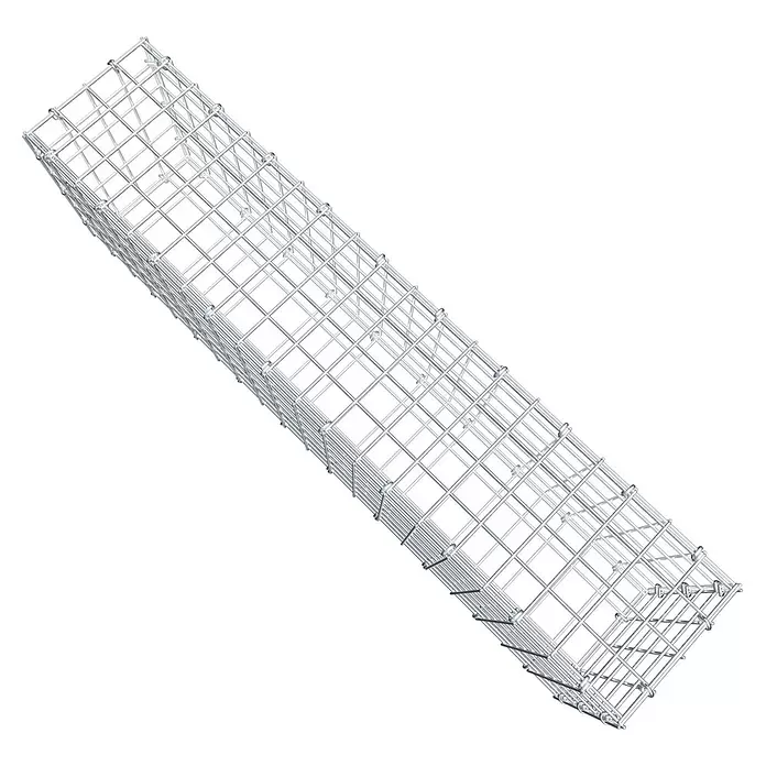 Gabiona Gabione - 100 x 20 x 30 cm, Stahl, Maschenbreite: 50 mm, Maschenhöhe: 50 mm, C-Ring - Leerer rechteckiger Gabionenkorb aus silber-grauem Drahtgeflecht.