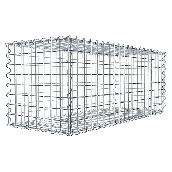 Gabiona Gabione - 100 x 40 x 40 cm, Metall, Maschenbreite: 50 mm, Maschenhöhe: 50 mm - Das Bild zeigt einen rechteckigen Gabionenkorb aus Drahtgeflecht, der für den Einsatz im Garten- und Landschaftsbau konzipiert ist.
