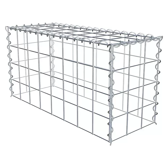 Gabiona Gabione Typ 3 - Zum Anbau in der Höhe, 80 x 30 x 40 cm, Stahl, Maschenbreite: 100 mm, Maschenhöhe: 100 mm, Spirale - Leerer Gabionenkorb aus silbernem Metallgitter.
