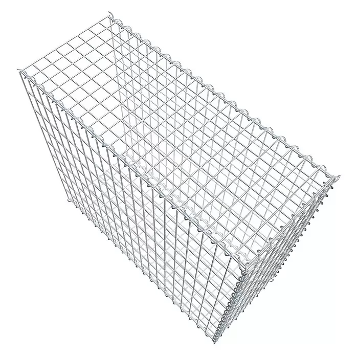 Gabiona Gabione Typ 2 - Zum Anbau in der Länge, 100 x 40 x 90 cm, Stahl, Maschenbreite: 50 mm, Maschenhöhe: 100 mm, Spirale - Ein leerer, silberfarbener Gabionenkorb aus Drahtgeflecht, rechteckig, bereit zur Montage oder Befüllung.