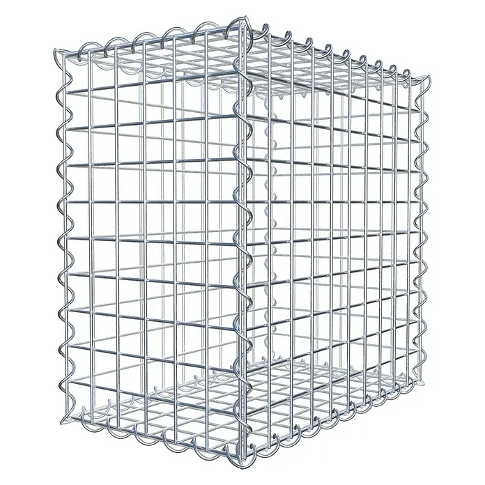 Gabiona Gabione - 50 x 30 x 50 cm, Metall, Maschenbreite: 50 mm, Maschenhöhe: 50 mm - Ein detailreiches Bild eines Gabionenkäfigs aus verzinktem Draht, der die robuste Bauweise und die spiralförmigen Verbindungen hervorhebt.