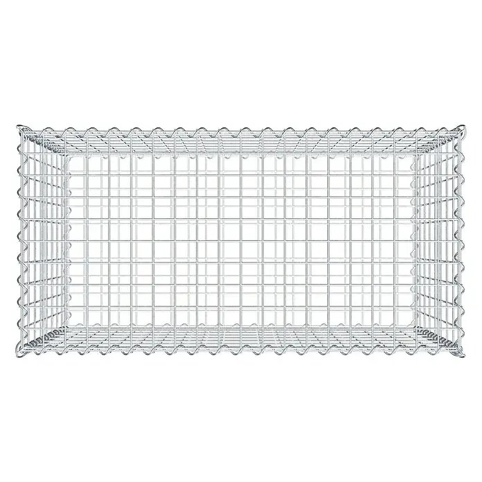 Gabiona Gabione - 100 x 50 x 80 cm, Metall, Maschenbreite: 50 mm, Maschenhöhe: 100 mm - Draufsicht auf einen leeren Gabionenkorb aus verzinktem Drahtgeflecht. Der Gabionenkorb ist rechteckig und für die Verwendung im Garten konzipiert.