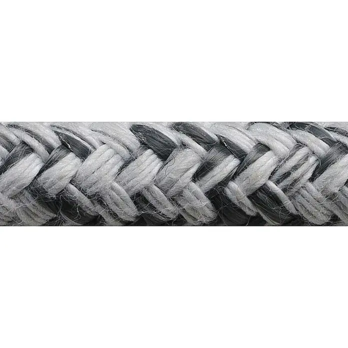 Seilflechter Cabo a metros Tornado Super Grip - Diámetro: 11 mm, Plástico, Blanco/Gris - Primer plano detallado de una cuerda trenzada en tonos de gris y negro, destacando su textura y patrón intrincados. Ideal para temas náuticos o rústicos.