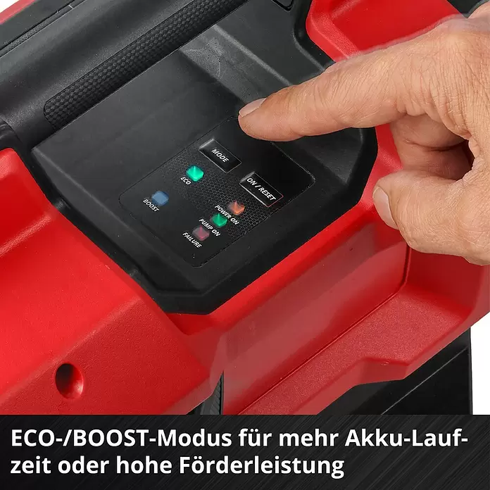 Einhell Power X-Change 18V Akku-Gartenpumpe Aqinna 18/30 F LED Automatic - 18 V, Li-Ionen, Ohne Akku, Max. Fördermenge: 3.000 l/h - Hand drückt "MODE"-Taste an rotem und schwarzem Gerät, mit Bedienfeld, ECO-, BOOST- und Statusanzeigen.