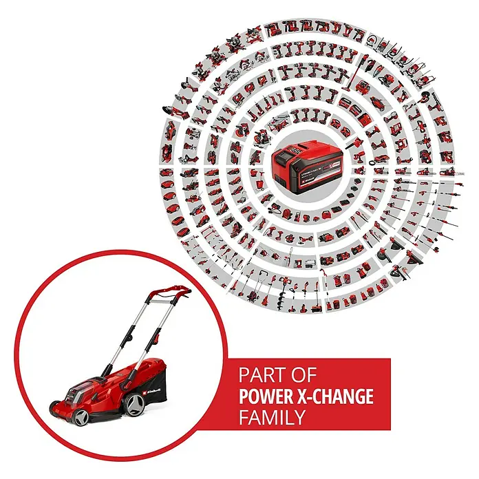 Einhell Power X-Change 18V Akku-Rasenmäher Rasarro 36/40 - 36 V, 2 Akkus, 4 Ah, Schnittbreite: 40 cm - Akku-Rasemäher mit Power X-Change Akku-System. Eine vielseitige Familie für Garten- und Werkstattgeräte, die Flexibilität und Leistung bietet.