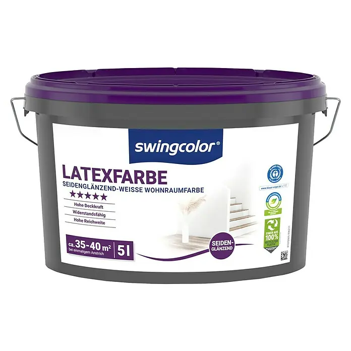 swingcolor Latexfarbe - Schneeweiß, Seidenglänzend, 5 l, Konservierungsmittelfrei - Eine Dose Swingcolor Latexfarbe, seidenglänzend und weiß, für Innenräume. Der Eimer fasst 5 Liter und ist aus 100 % recyceltem Kunststoff.