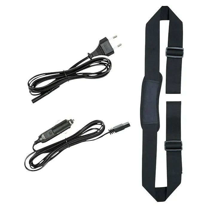 Einhell Power X-Change 18V Akku-Kühlbox TE-COL 18/27 Li-Solo - 18 V, Ohne Akku, 27 l, 20 °C - 60 °C - Das Bild zeigt ein Stromkabel mit EU-Stecker, ein Autoladekabel und einen schwarzen Tragegurt. Zubehör für elektronische Geräte.