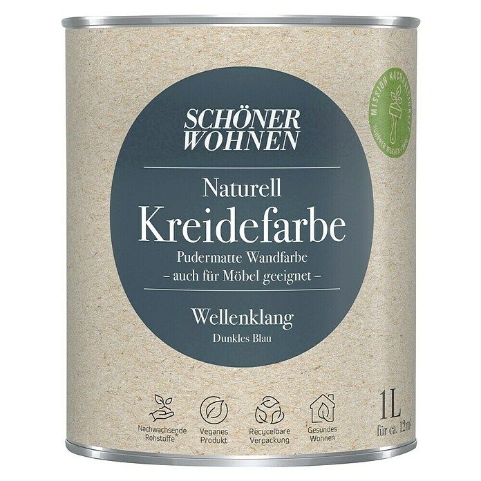 SCHÖNER WOHNEN-Farbe Naturell Wandfarbe Kreidefarbe (Wellenklang - dunkles Blau, Matt, 1 l, Konservierungsmittelfrei) | BAUHAUS