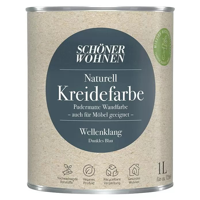 SCHÖNER WOHNEN-Farbe Naturell Wandfarbe KreidefarbeWellenklang - dunkles Blau, Matt, 1 l, Konservierungsmittelfrei