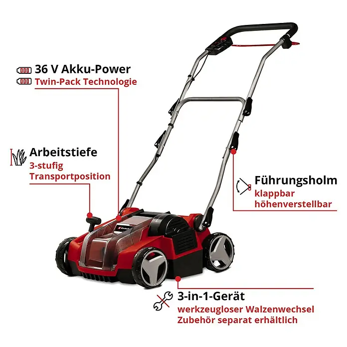 Einhell Power X-Change 18V Akku-Vertikutierer-Lüfter GE-SC 36/35 LI SOLO - Anzahl Akkus: Ohne Akku, 36 V - Ein roter Rasenlüfter mit Teleskopstiel, der für den Transport zusammengeklappt werden kann, 36 V Akku-Power, Twin-Pack Technologie.