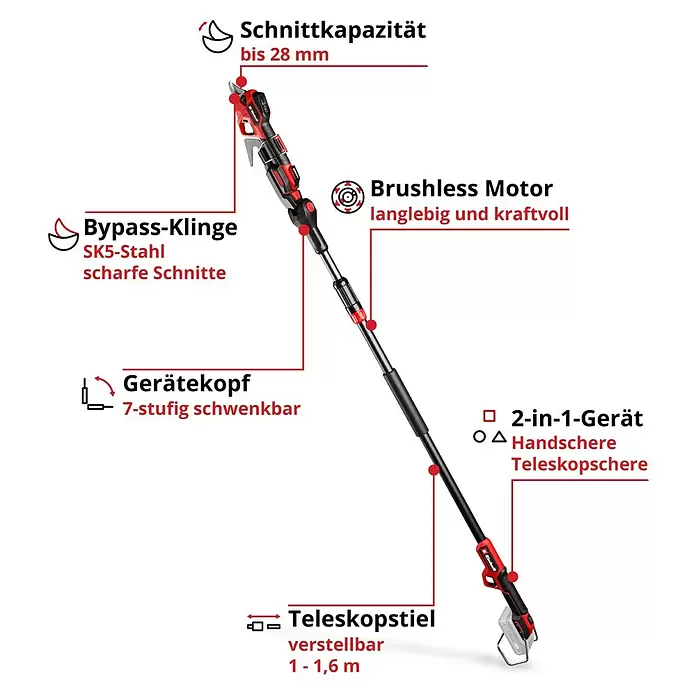 Einhell Professional Akku-Astschere SOLO GP-LS 18/28 - Max. Aststärke: 2,8 mm - Rot-schwarze 2-in-1 Teleskop-Astschere: 28mm Schnitt, SK5-Bypass-Klinge, Brushless Motor, 7-stufig schwenkbarer Kopf, 1-1.6m verstellbarer Stiel.