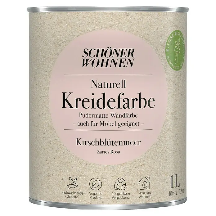 SCHÖNER WOHNEN-Farbe Naturell Wandfarbe Kreidefarbe - Kirschblütenmeer - zartes Rosa, Matt, 1 l, Konservierungsmittelfrei - Dose "Schöner Wohnen" Kreidefarbe in "Kirschblütenmeer", einem zarten Rosa, für pudermatte Wände und Möbel.