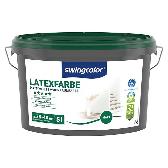swingcolor Latexfarbe - Schneeweiß, Matt, 5 l, Konservierungsmittelfrei - Eimer Swingcolor Latexfarbe, matt-weiße Wohnraumfarbe, 5 Liter Inhalt, hohe Deckkraft und Reichweite, für ein schönes Zuhause.
