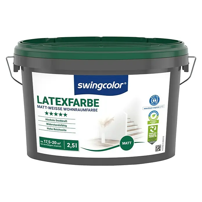 swingcolor Latexfarbe - Schneeweiß, Matt, 2,5 l, Konservierungsmittelfrei - Ein grauer Eimer Swingcolor Latexfarbe, geeignet für matte, weisse Wohnräume. Der Eimer ist umweltfreundlich aus 100% recyceltem Kunststoff.
