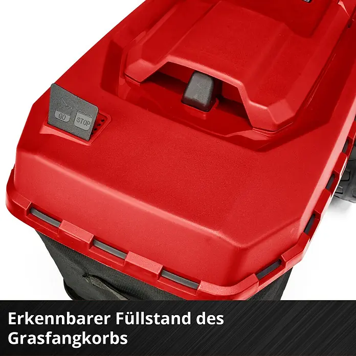 Einhell Power X-Change 18V Akku-Rasenmäher Rasarro 36/40 - 36 V, 2 Akkus, 4 Ah, Schnittbreite: 40 cm - Detailaufnahme des Grasfangkorbs eines Rasenmähers. Der Grasfangkorb ist rot und hat eine Füllstandsanzeige.