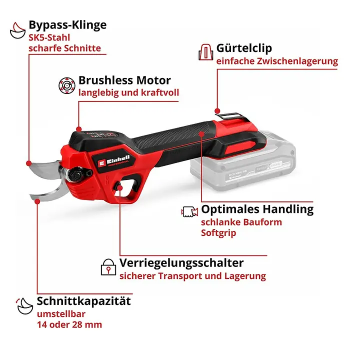 Einhell Professional Akku-Astschere GP-LS 18/28 Li BL-Solo - Akkuspannung: 18 V, Max. Aststärke: 28 mm, Anzahl Akkus: Ohne Akku - Abbildung einer Einhell Akku-Baumschere mit SK5-Stahl Bypass-Klinge, bürstenlosem Motor, Gürtelclip und Verriegelungsschalter für sicheren Transport.