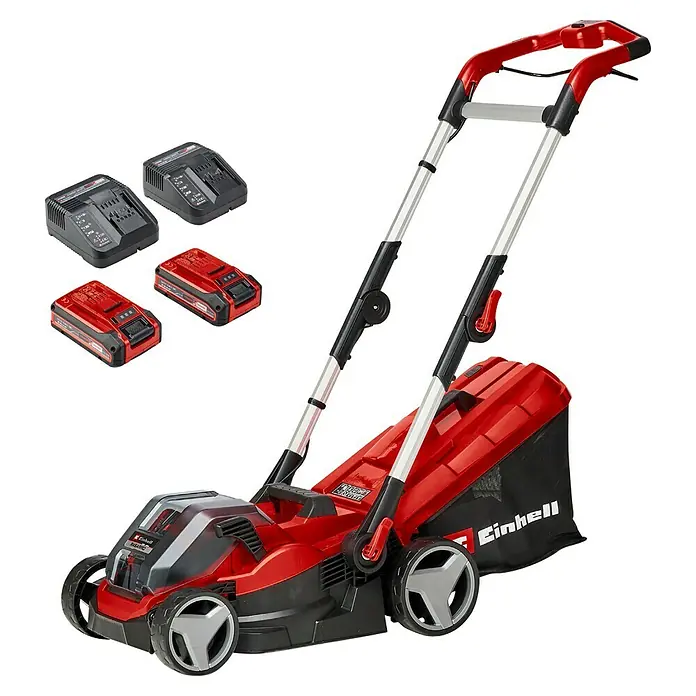 Einhell Power X-Change 18V Akku-Rasenmäher Rasarro 36/34 - 36 V, 2 Akkus, 3 Ah, Schnittbreite: 34 cm - Ein roter Einhell Akku-Rasenmäher mit Akkus und Ladegeräten im Hintergrund.