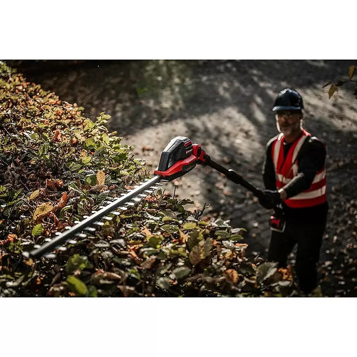 Einhell Professional Akku-Multifunktionswerkzeug GP-HC 18/5020 Li T BL-Solo - 18 V, Ohne Akku - Roter und schwarzer Hochentaster schneidet eine Blatthecke, bedient von einer Person.