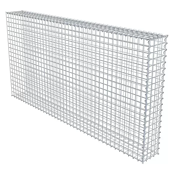 Gabiona Gabione Typ 2 - Zum Anbau in der Länge, 200 x 20 x 100 cm, Stahl, Maschenbreite: 50 mm, Maschenhöhe: 50 mm, Spirale - Leerer, rechteckiger Gabionenkorb aus silbernem Drahtgeflecht für Landschaftsbau oder Stützmauern.