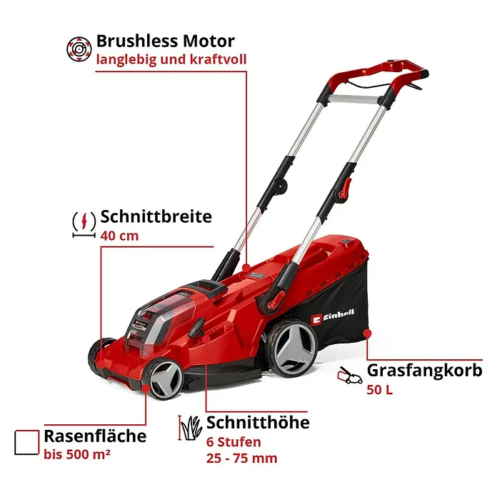 Einhell Power X-Change 18V Akku-Rasenmäher Rasarro 36/40 - 36 V, 2 Akkus, 4 Ah, Schnittbreite: 40 cm - Abbildung eines Einhell Akku-Rasenmähers mit Brushless Motor, 40 cm Schnittbreite, 50 L Grasfangkorb und 6-stufiger Schnitthöhe für Rasenflächen bis 500 m².