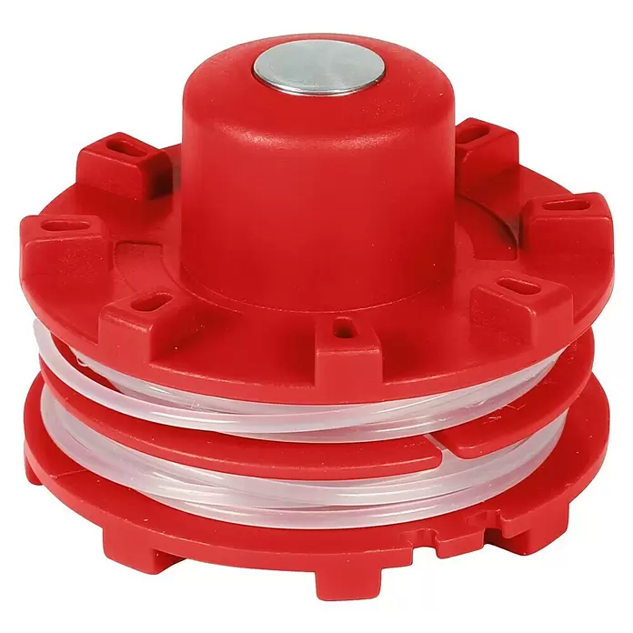 Einhell Ersatzfadenspule - Fadenlänge: 6 m, Fadenstärke: 2 mm, Passend für: Einhell Akku-Sense GP-BC 36/430 Li BL, Einhell Akku-Sense GP-BC 36/430 Li P BL - Rote Kunststoff-Trimmerfadenspule mit transparentem Faden und silberner Kappe.