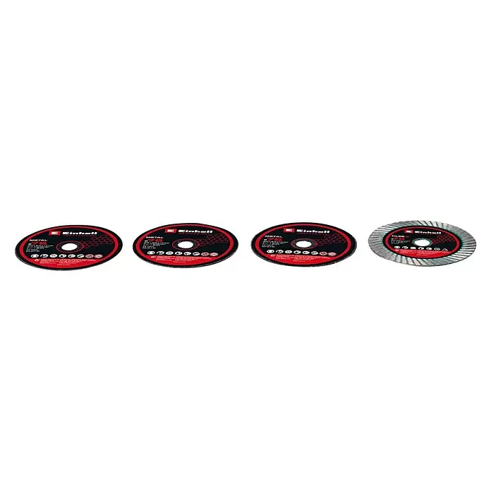 Einhell Professional Power X-Change 18V Akku-Trennschleifer TP-CO 18/76-C Li BL - Solo - Ohne Akku - Vier Einhell Professional 76mm Trennscheiben: drei schwarze Metall-Trennscheiben und eine graue Diamant-Fliesentrennscheibe.