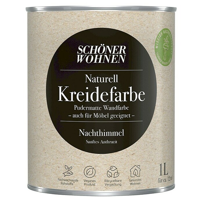 SCHÖNER WOHNEN-Farbe Naturell Wandfarbe Kreidefarbe (Nachthimmel - sanftes Anthrazit, Matt, 1 l, Konservierungsmittelfrei) | BAUHAUS